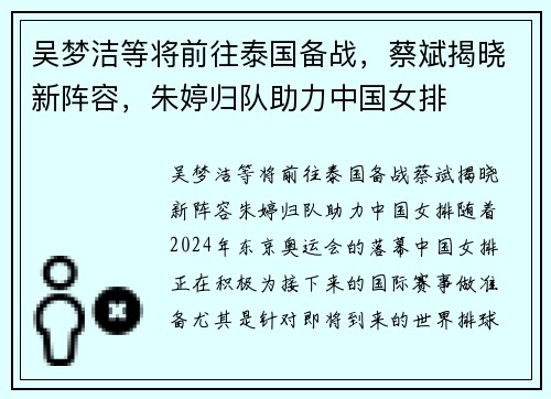 吴梦洁等将前往泰国备战，蔡斌揭晓新阵容，朱婷归队助力中国女排