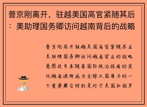 普京刚离开，驻越美国高官紧随其后：美助理国务卿访问越南背后的战略意图