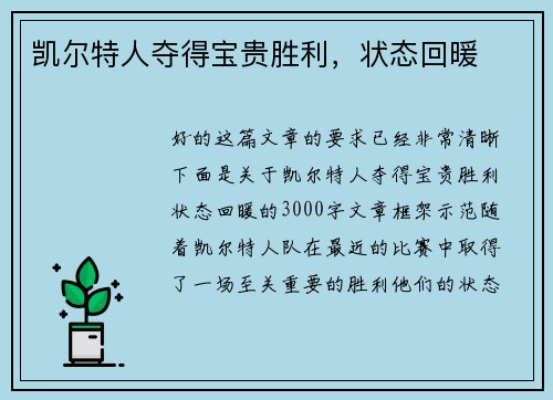 凯尔特人夺得宝贵胜利，状态回暖