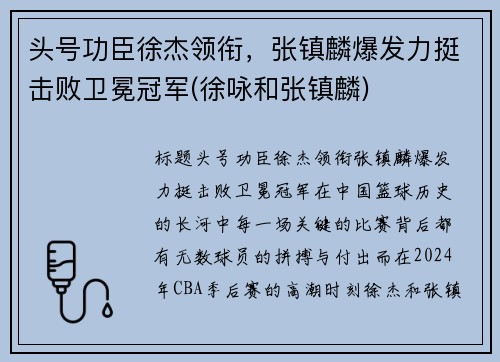 头号功臣徐杰领衔，张镇麟爆发力挺击败卫冕冠军(徐咏和张镇麟)