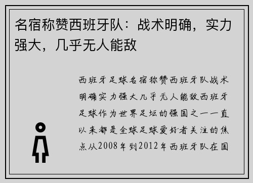 名宿称赞西班牙队：战术明确，实力强大，几乎无人能敌